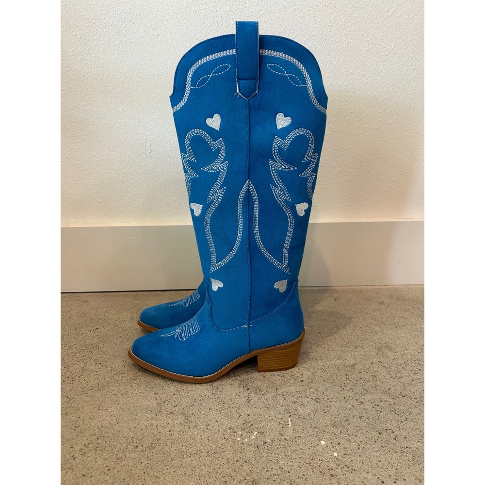 Pink Lily x Krista Horton Blue Heart Embroidered Western Cowboy Boots Size 7